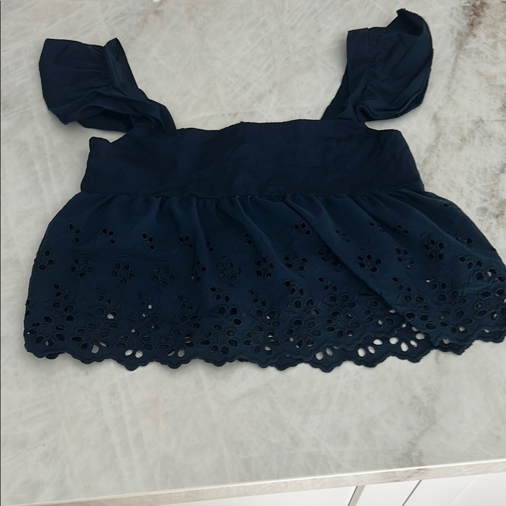 Navy Flutter Sleeve Crop Blouse with Ruffled Hem